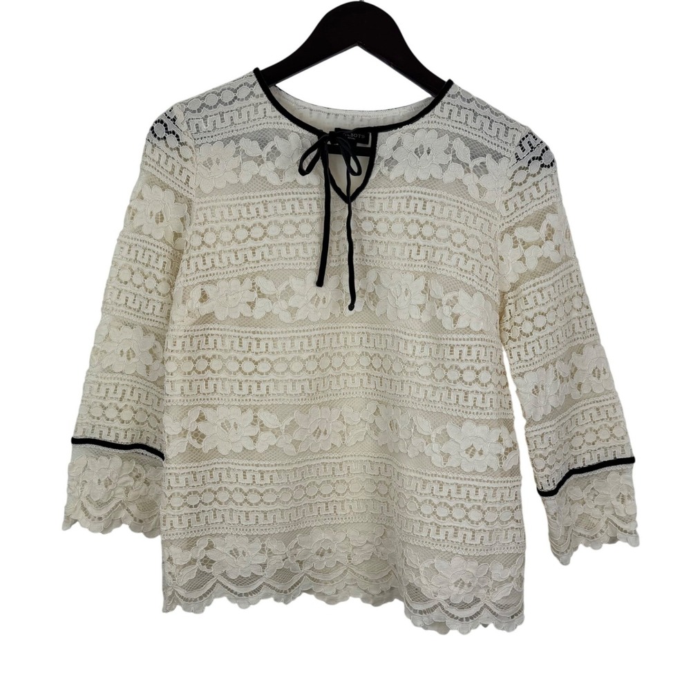 Talbots Ivory Floral Lace Blouse Black Velvet Tie Keyhole‎ 3/4 Sleeve Scalloped